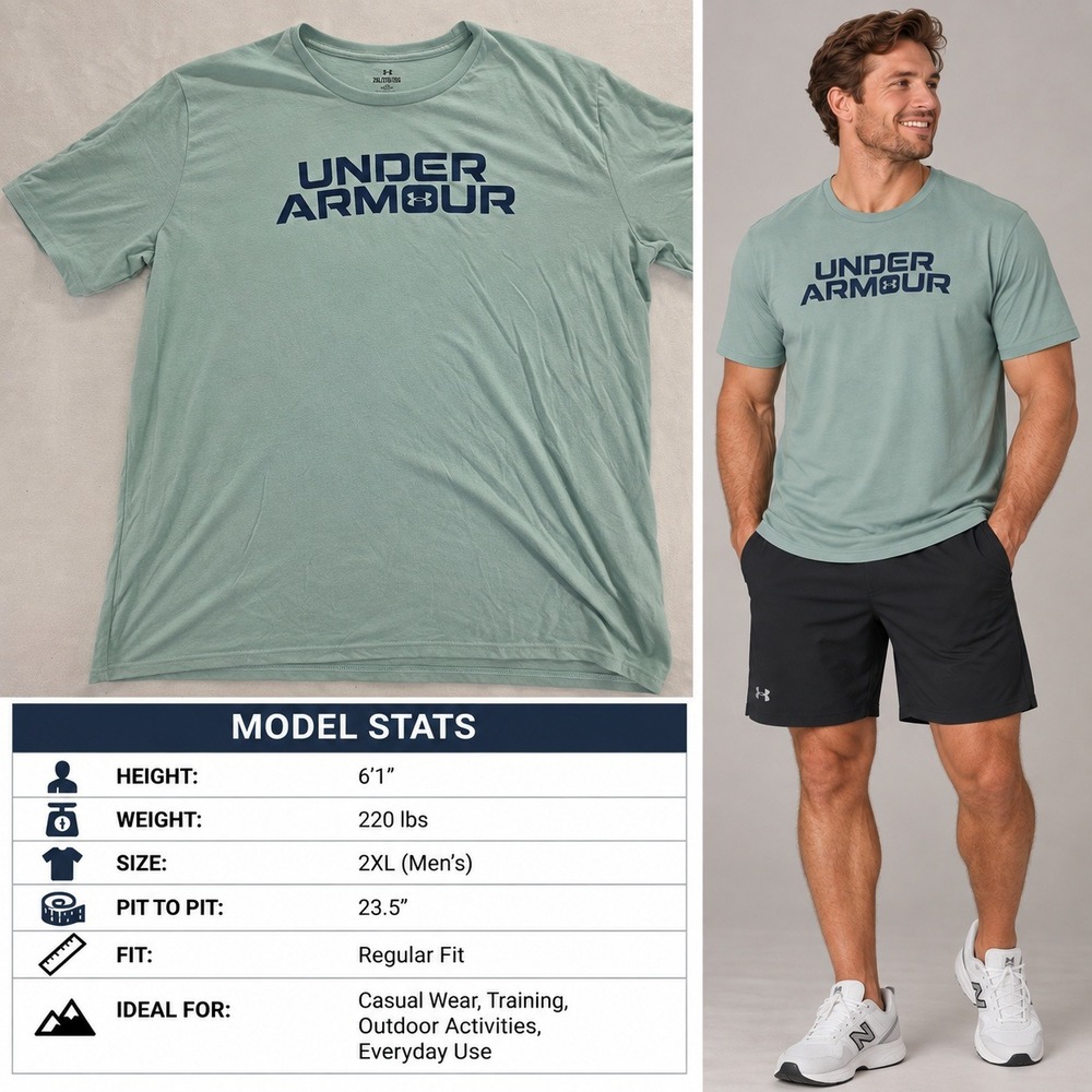 Under Armour Mens 2XL Loose Graphic T-Shirt Sage Green Navy Logo Training Tee